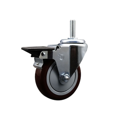 Service Caster 5 Inch Maroon Polyurethane Wheel Swivel 34 Inch Threaded Stem Caster with Brake SCC SCC-TS20S514-PPUB-MRN-PLB-34212